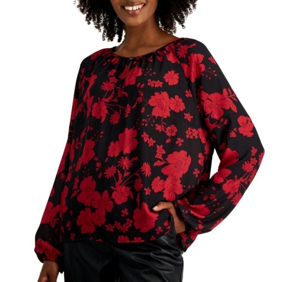 Tinsel Petite XS Black & Red Floral Front-Keyhole Blouson-Sleeve Blouse/Top NWT - Picture 1 of 7